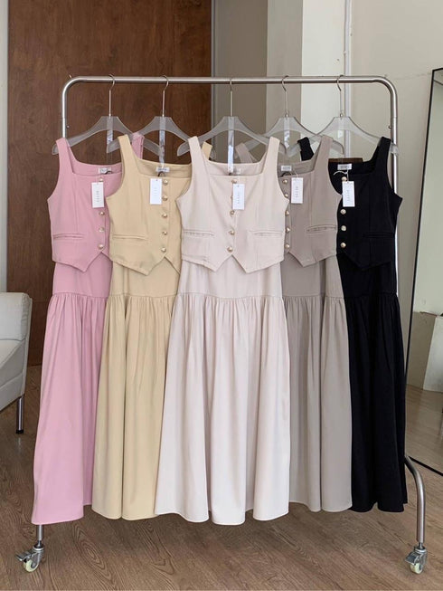 Square Neckline Button Down Sleeves Tops With Skirts Sets